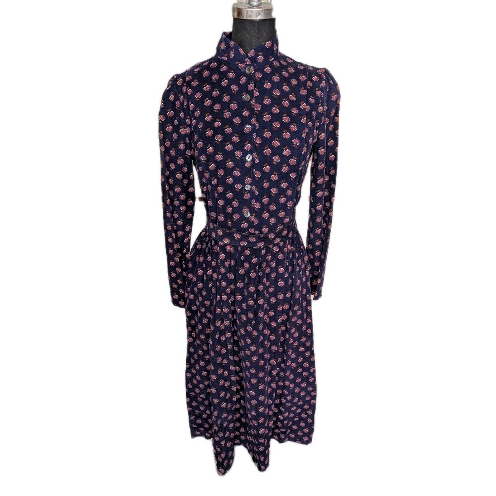 EUC Vintage Laura Ashley Modest Blue White Floral Corduroy Midi Dress US Size 10